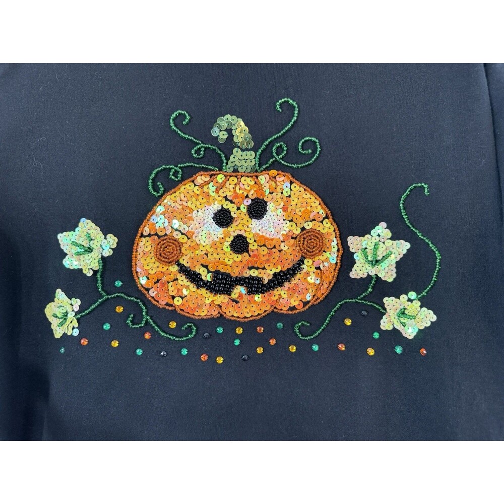 Pumpkin Sequin Halloween Fall Cre8tions 3/4 Sleeve Black Shirt Large
